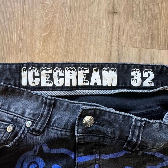 Icecream Jade Black Jeans Size 32 Blue Running Dog Graphic Distressed Streetwear - Picture 5 of 16